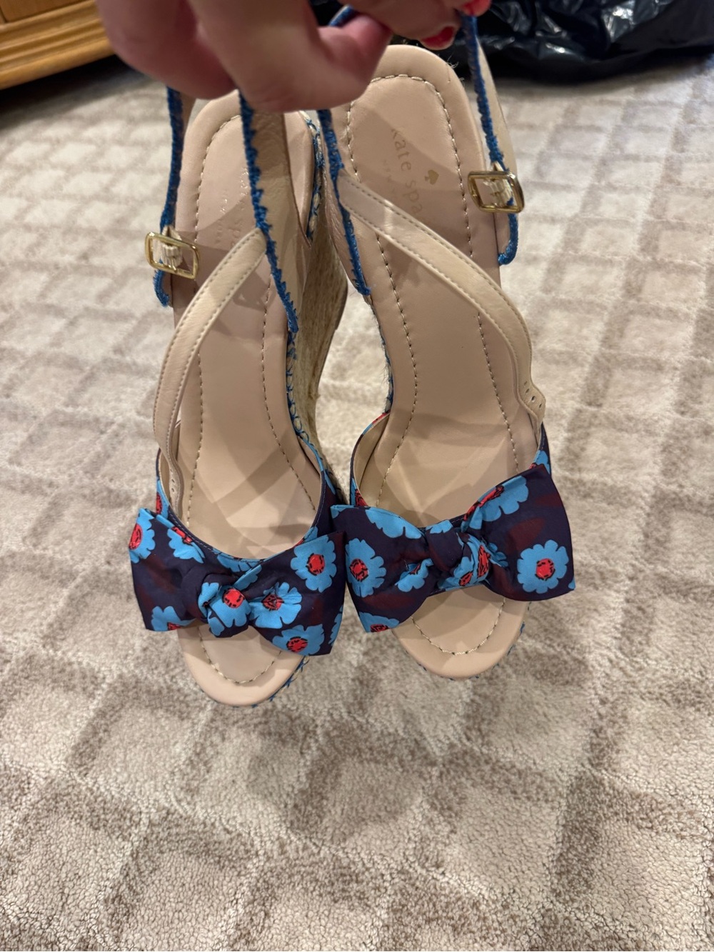 kate spade Beige Espadrille Wedges with Navy Blue Floral Bow with RED